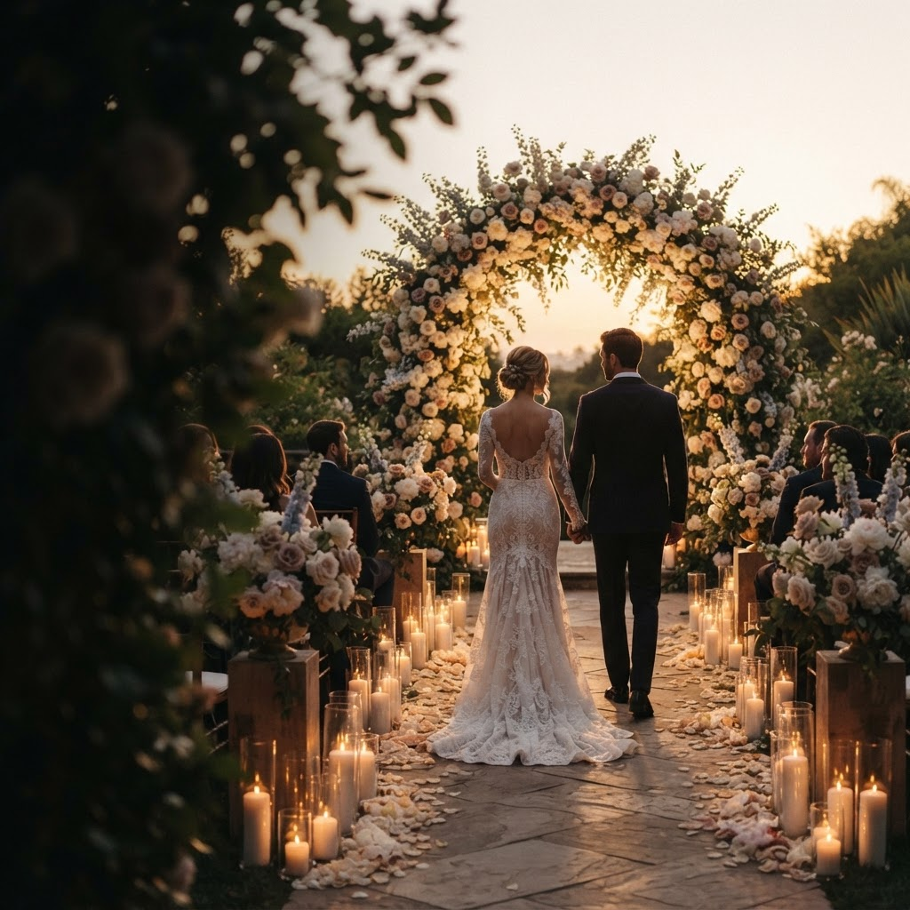 A couple walking toward a glowing floral arch at golden hour